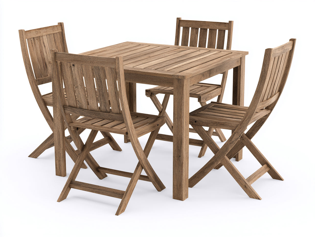 Salon de jardin repas bois massif 100x100x75 cm - marron naturel - table carree avec 4 chaises pliantes design classique