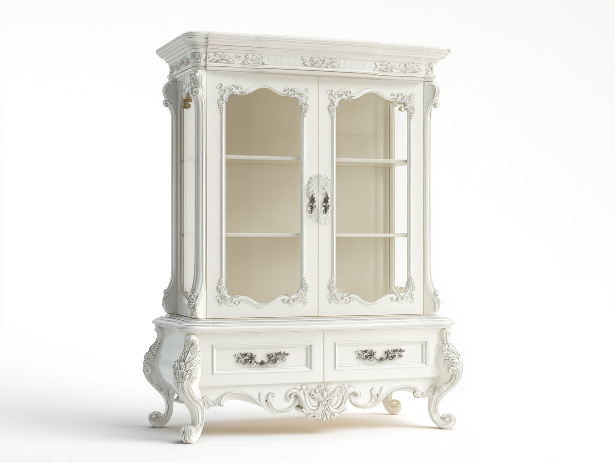 Vitrine baroque blanche bois sculpté vitré style classique luxe 120x45x200 cm design élégant