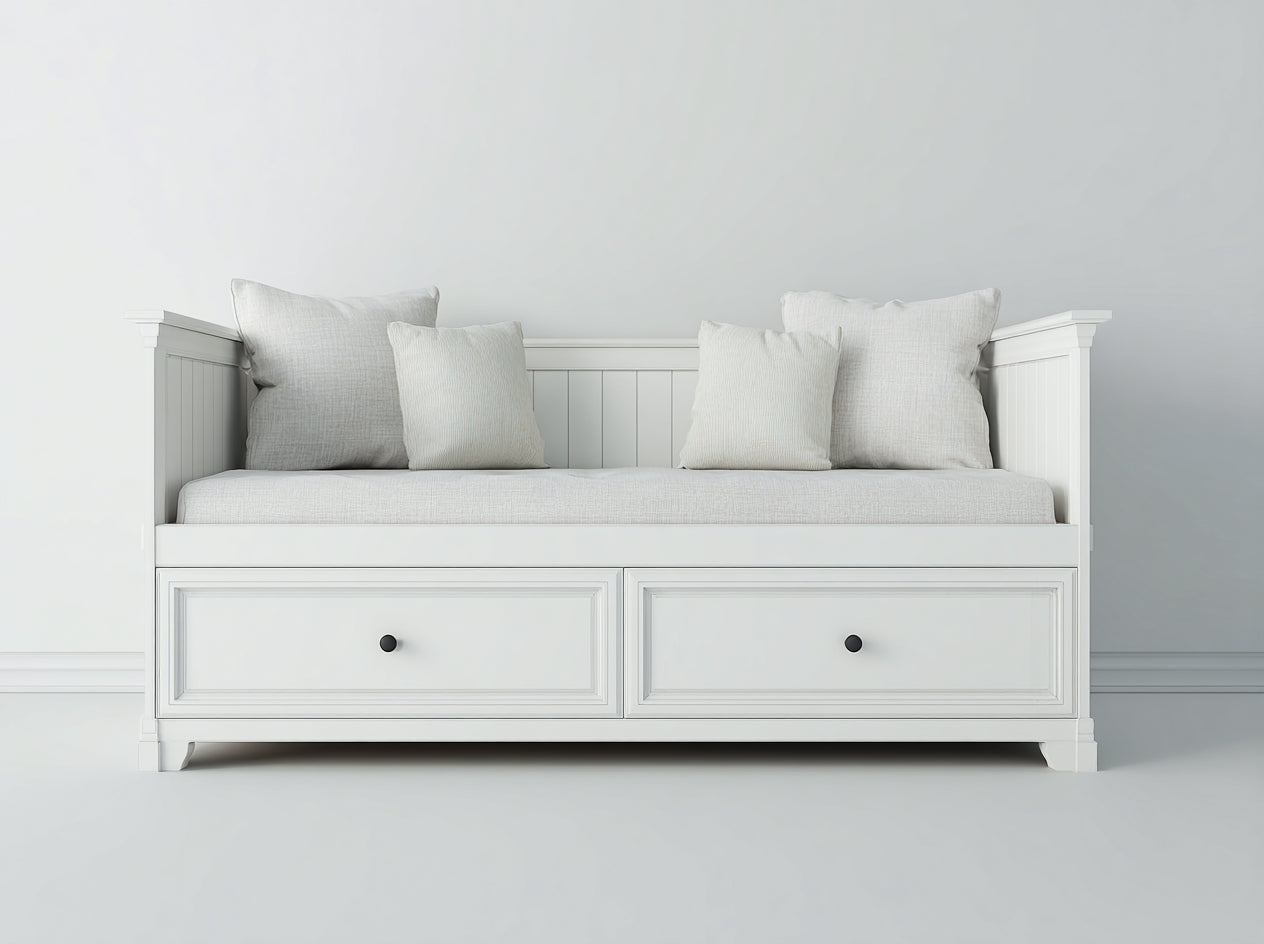 Canapé lit 200x90x90 cm bois blanc style classique-lit banquette avec rangements tiroirs intégrés
