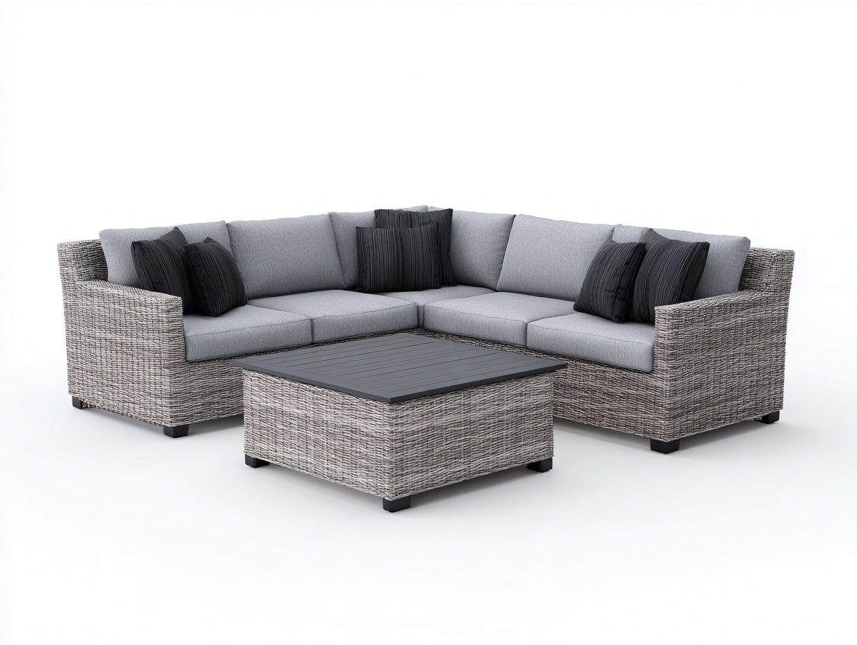 Canapé de jardin d'angle en résine tressée gris 260x260x75 cm - style moderne avec table basse