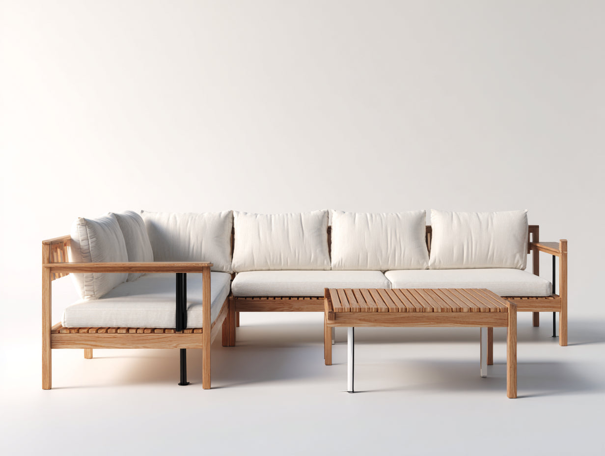 Canapé de jardin d'angle en bois massif 250x160x75 cm - bois naturel blanc - avec table basse