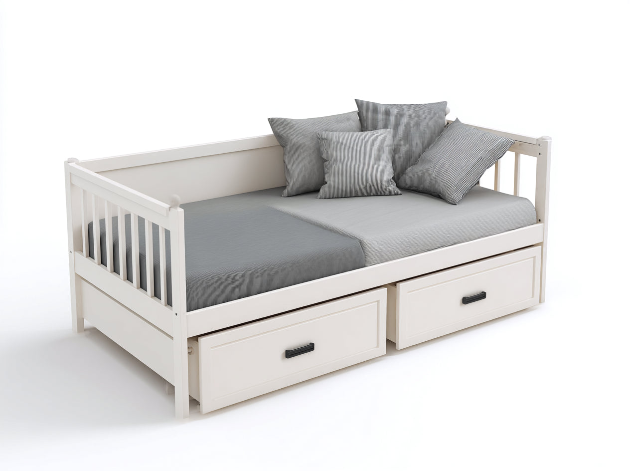 Canape lit bois 200x90x80 cm - blanc - lit avec deux tiroirs de rangement design moderne