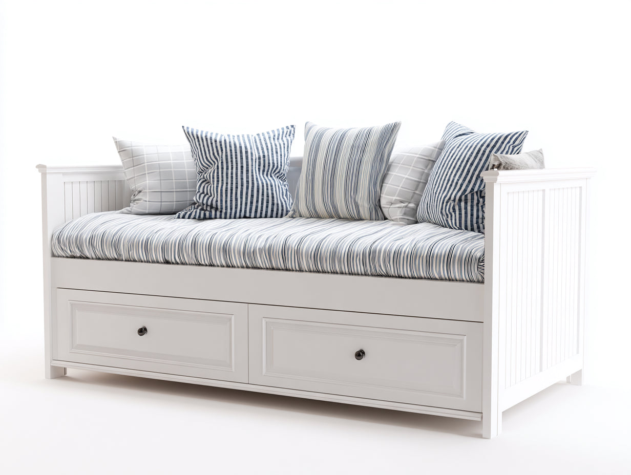 Canapé lit avec tiroirs en bois blanc 200x90x85 cm - style moderne rayé bleu et blanc