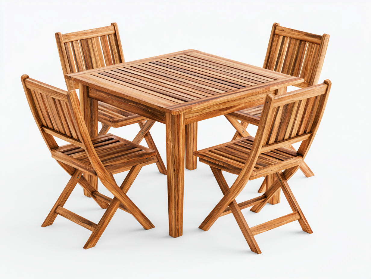 Salon de jardin repas 90x90x75 cm bois naturel style pliant-ensemble table carrée avec 4 chaises pliantes