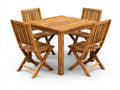 Salon de jardin repas en bois naturel avec table carrée et 4 chaises pliantes style classique 90x90x75 cm