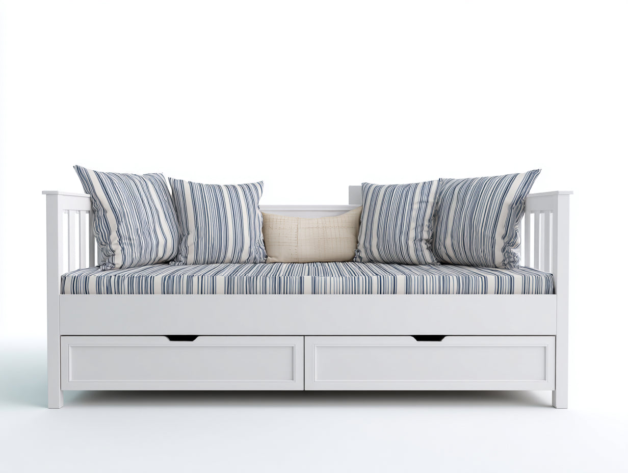 Canapé lit avec tiroirs en bois blanc 200x90x85 cm - style moderne rayé bleu et blanc