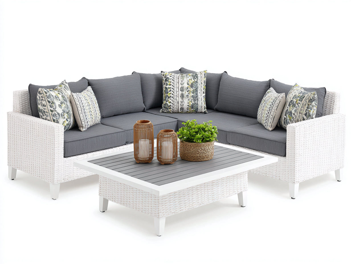 Canape de jardin rotin tissu L forme 260x260x75 cm - blanc gris - ensemble salon de jardin avec table basse design moderne