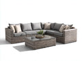 Canape de jardin en rotin d angle avec table basse en verre coussins gris style moderne 260x200x85 cm