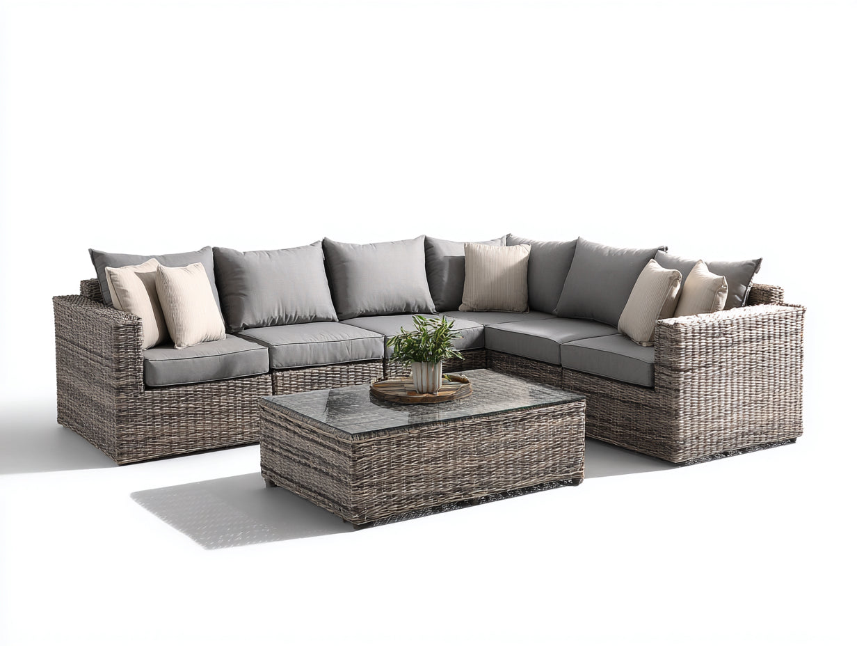 Canape de jardin en rotin d angle avec table basse en verre coussins gris style moderne 260x200x85 cm
