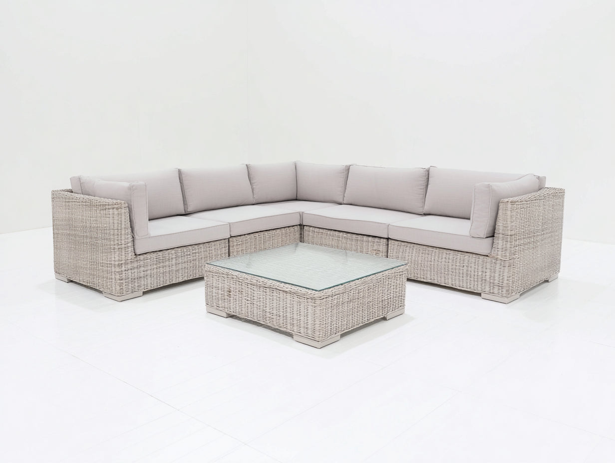 Canapé de jardin d'angle en résine tressée beige 260x260x75 cm - style extérieur moderne avec table basse