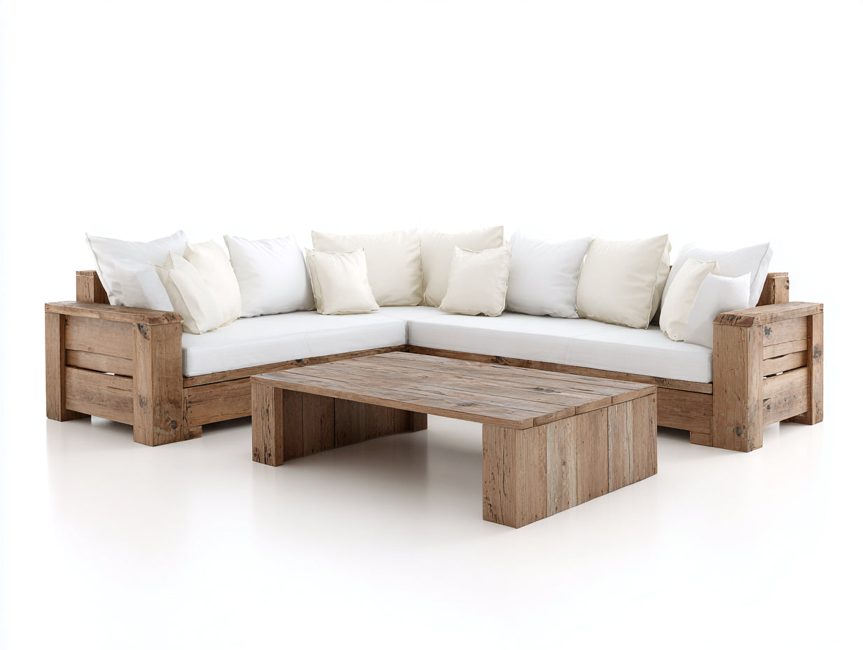 Canapé de jardin en bois massif avec table basse et coussins blancs style rustique moderne 260x260x85 cm