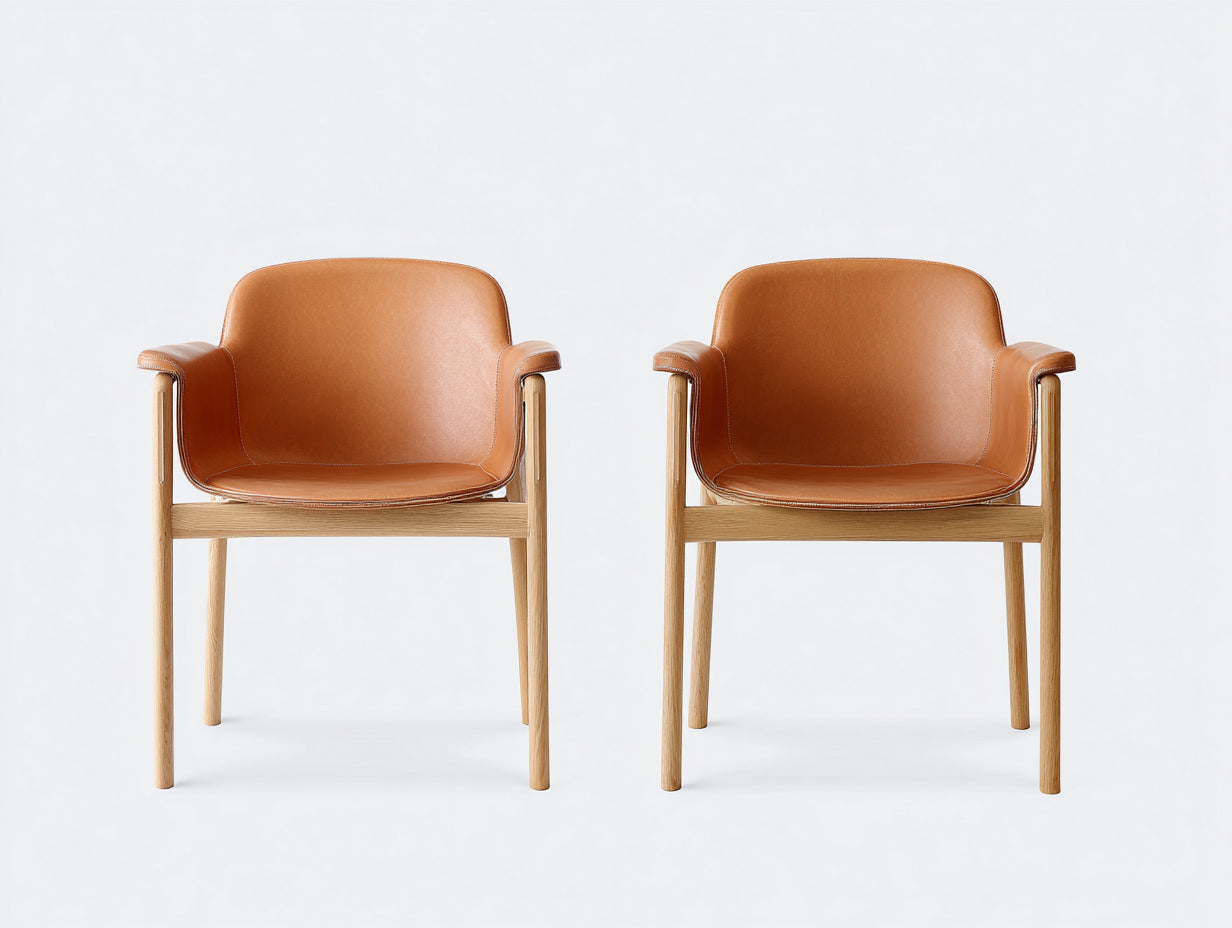 Chaise de salle a manger en cuir orange et bois naturel design moderne 55x58x80 cm