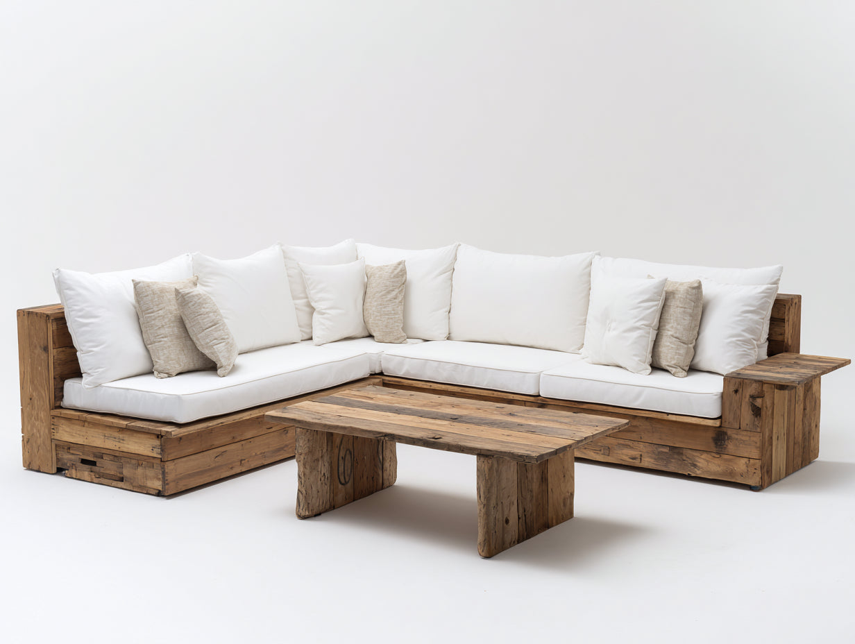 Canapé de jardin en bois en L avec table basse design rustique 260x260x70 cm