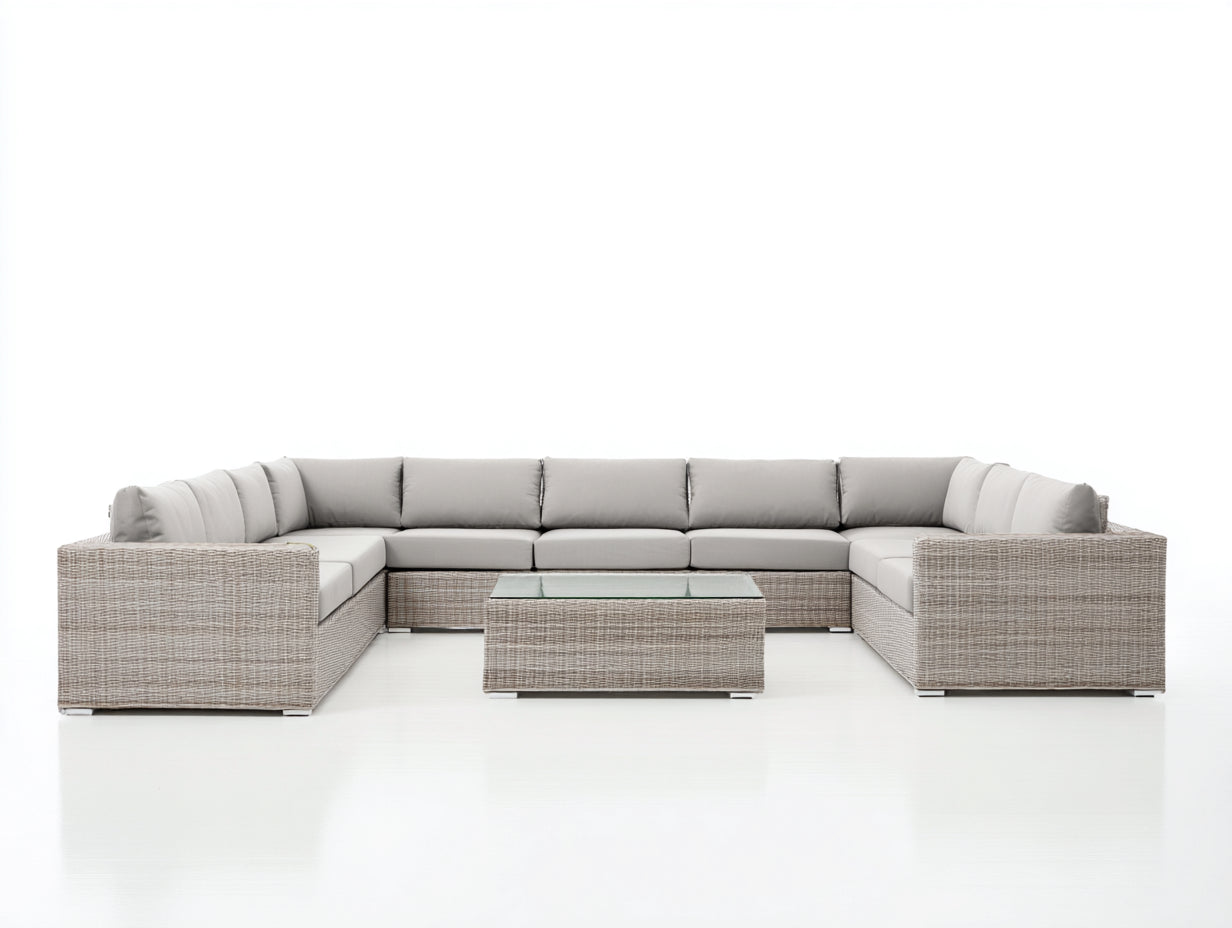 Canapé de jardin en rotin en U avec table basse verre design moderne 300x240x75 cm