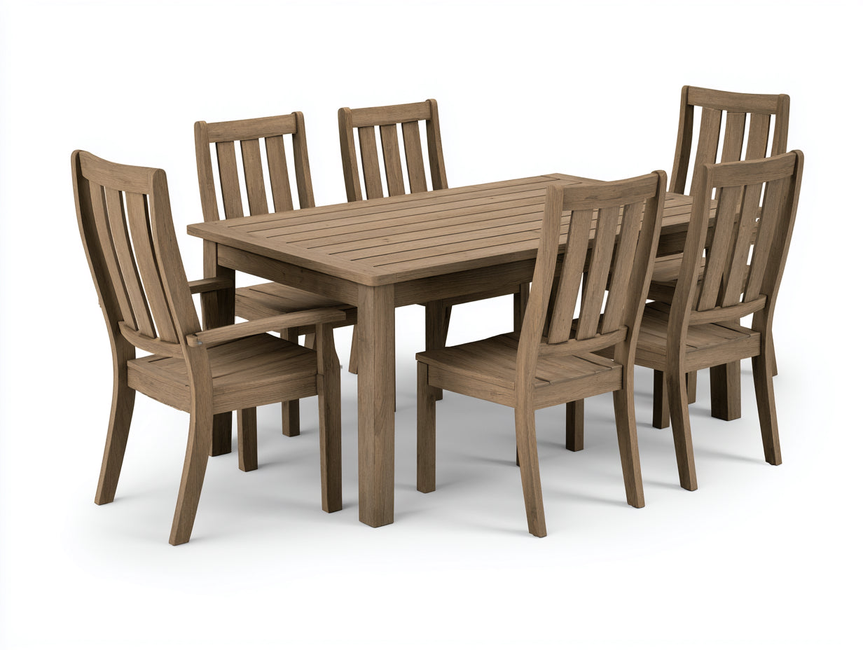 Salon de jardin repas en bois massif avec 6 chaises design naturel 180x90x75 cm