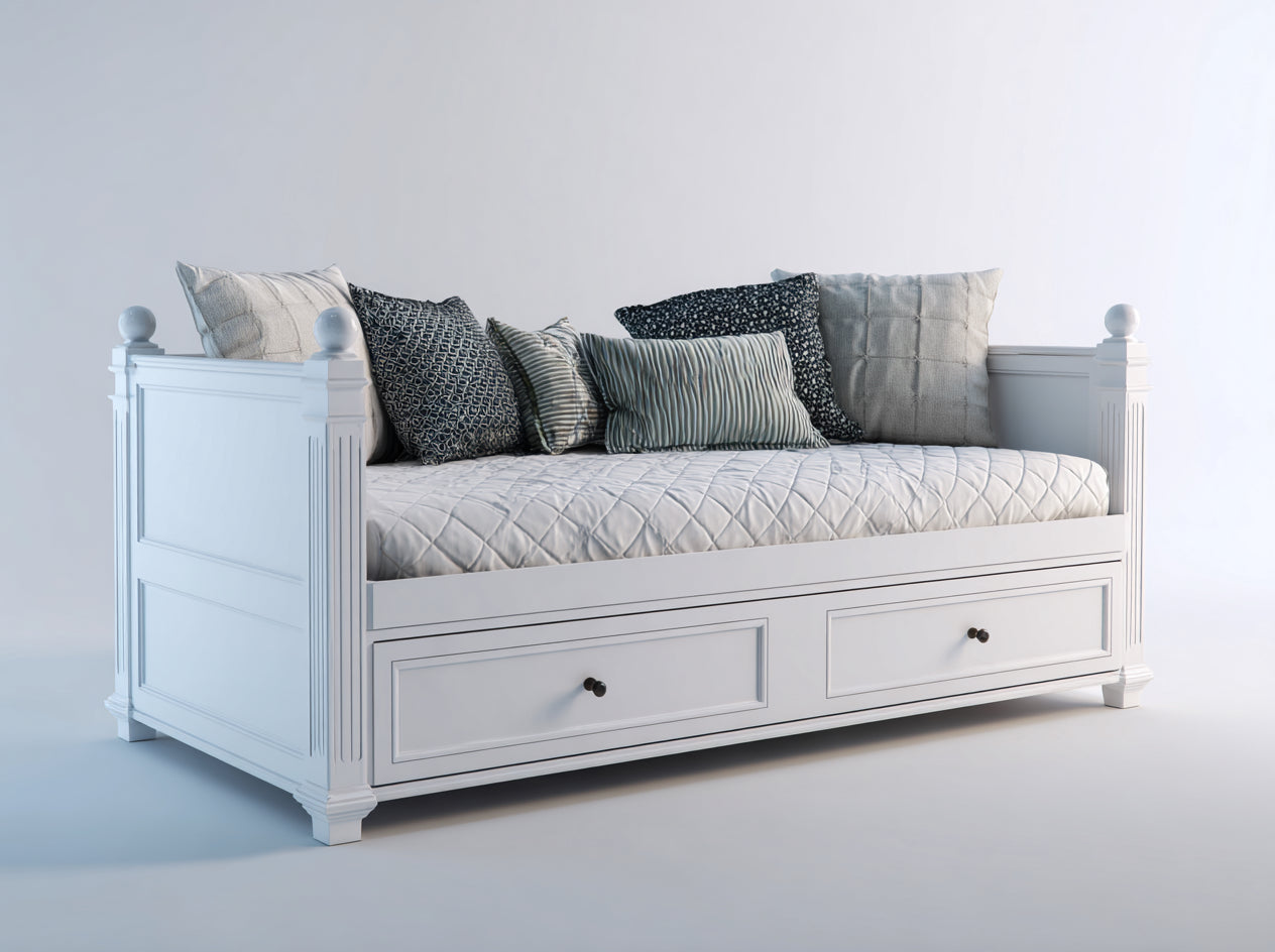 Canapé lit 200x90x90 cm bois blanc style classique-lit banquette avec rangements tiroirs intégrés