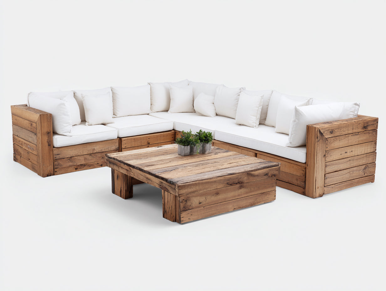 Canapé de jardin d'angle en bois massif 250x250x70 cm - bois naturel-blanc - avec table basse