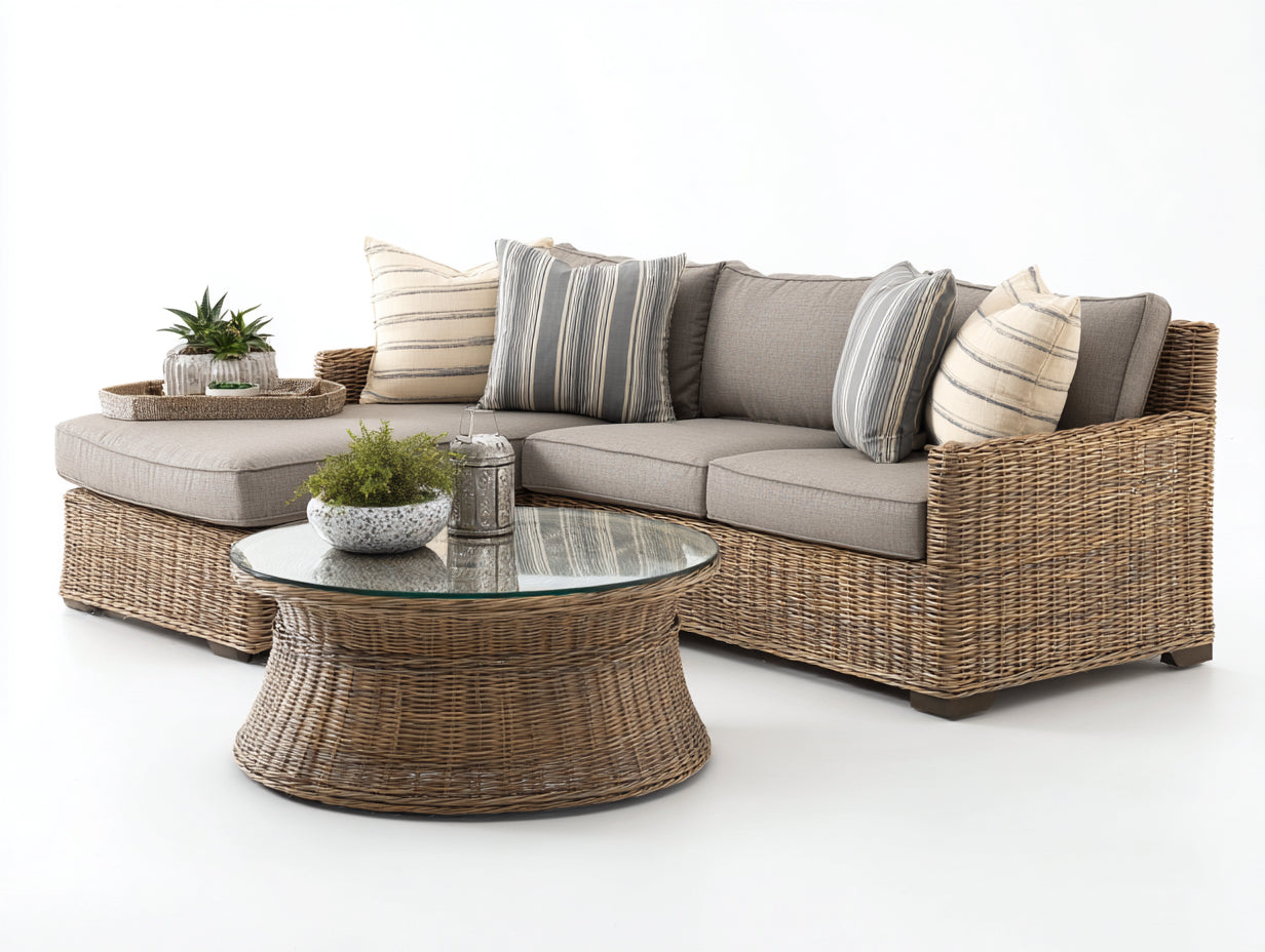 Canapé de jardin d'angle 260x180x75 cm rotin naturel et tissu beige style moderne-ensemble salon extérieur avec table basse en verre