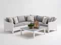 Canapé de jardin 260x260x75 cm rotin blanc et tissu gris style moderne-ensemble extérieur avec table basse