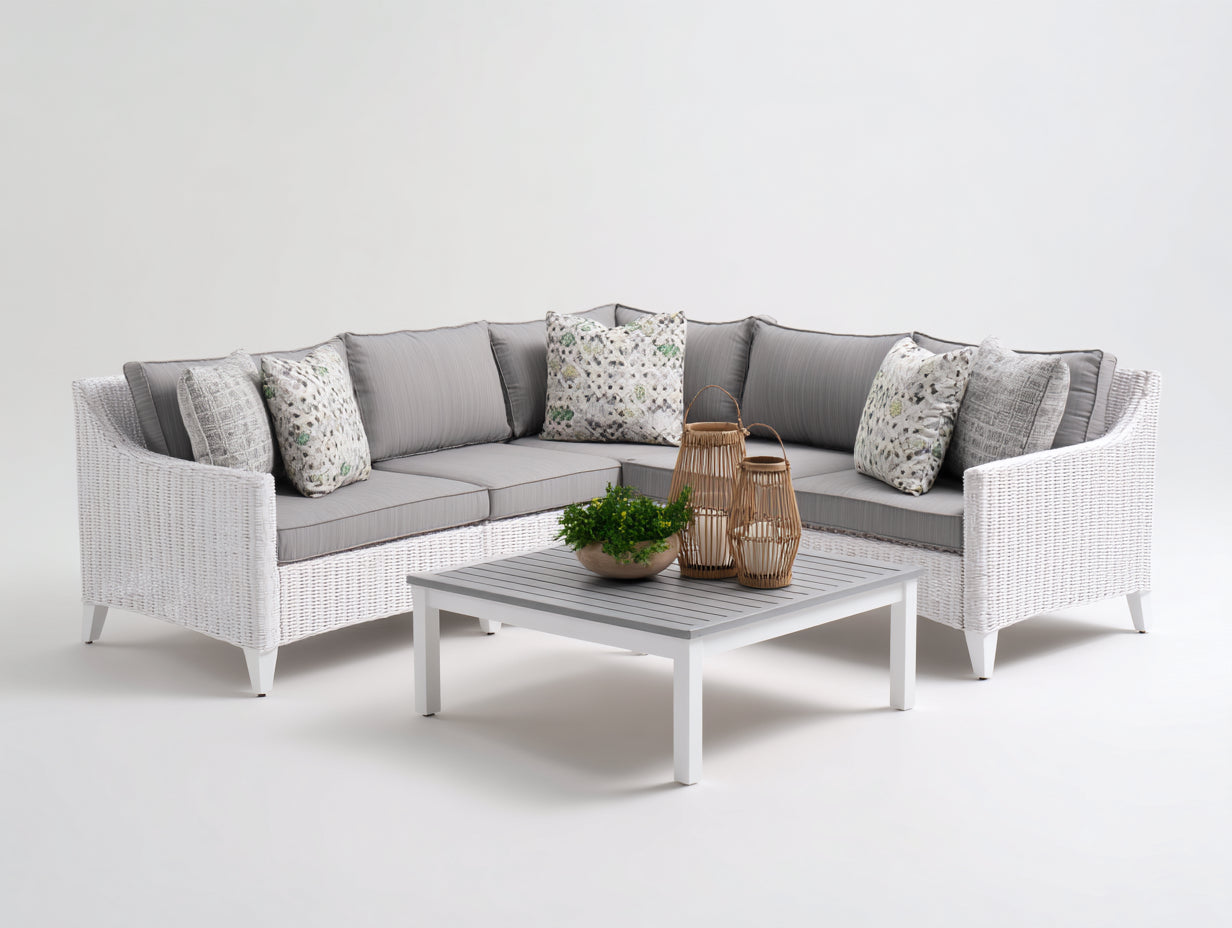 Canapé de jardin 260x260x75 cm rotin blanc et tissu gris style moderne-ensemble extérieur avec table basse