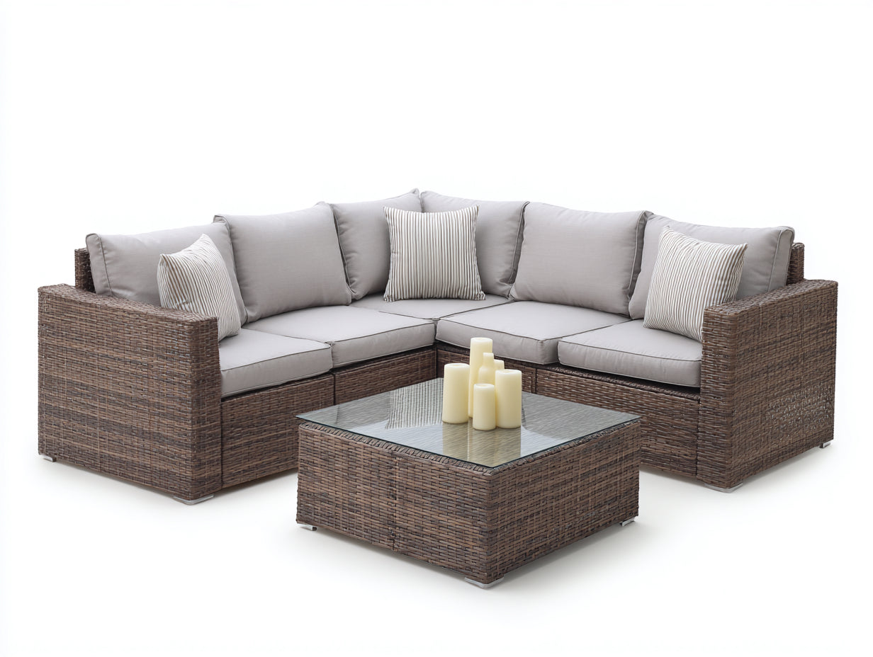Canape de jardin rotin tissu L forme 260x260x75 cm - beige gris - ensemble salon de jardin avec table basse design moderne