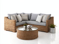Canapé de jardin d angle en rotin avec table basse en verre coussins gris style naturel moderne 260x200x85 cm