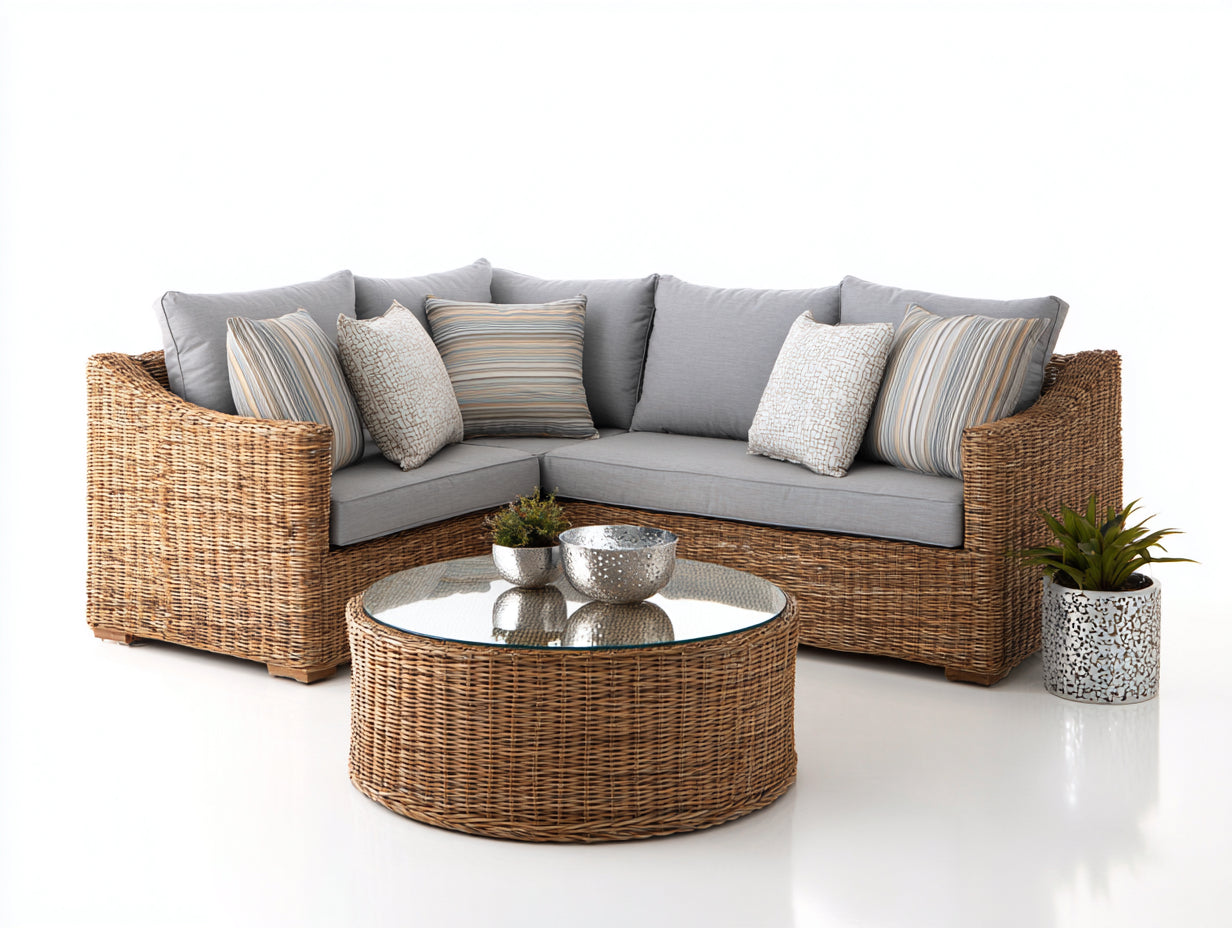 Canapé de jardin d angle en rotin avec table basse en verre coussins gris style naturel moderne 260x200x85 cm