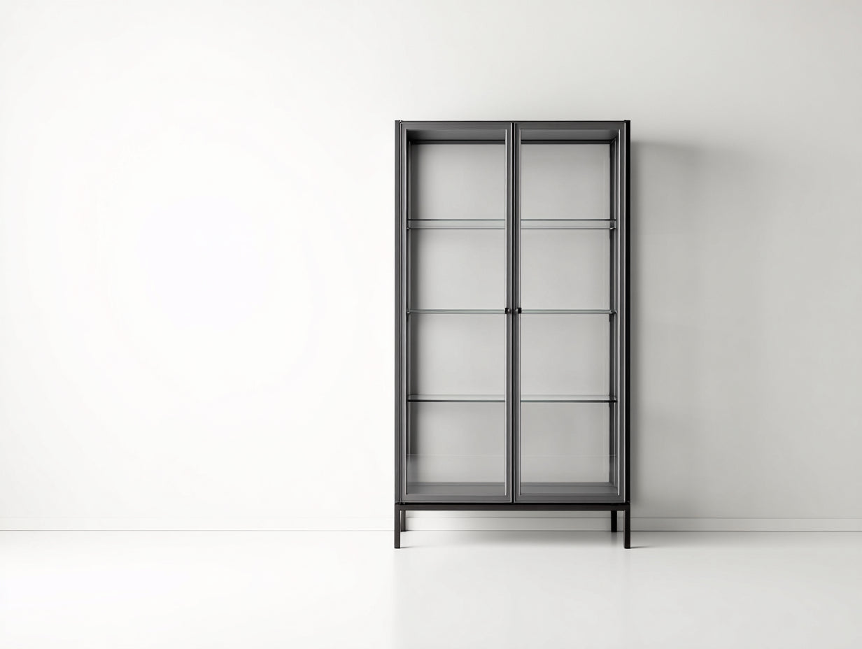 Vitrine 80x40x180 cm métal noir et verre style industriel moderne-meuble de rangement 2 portes pour salon