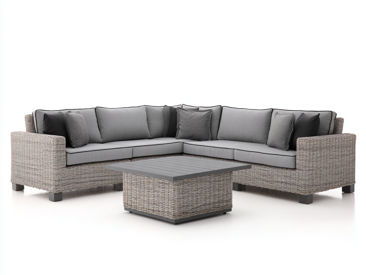 Canapé de jardin d angle en rotin avec table basse bois style moderne 260x260x85 cm