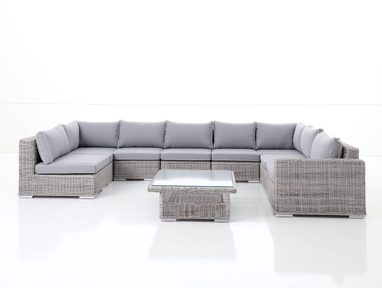 Canape de jardin rotin tissu U forme 360x280x85 cm - gris - ensemble modulable avec table basse design moderne