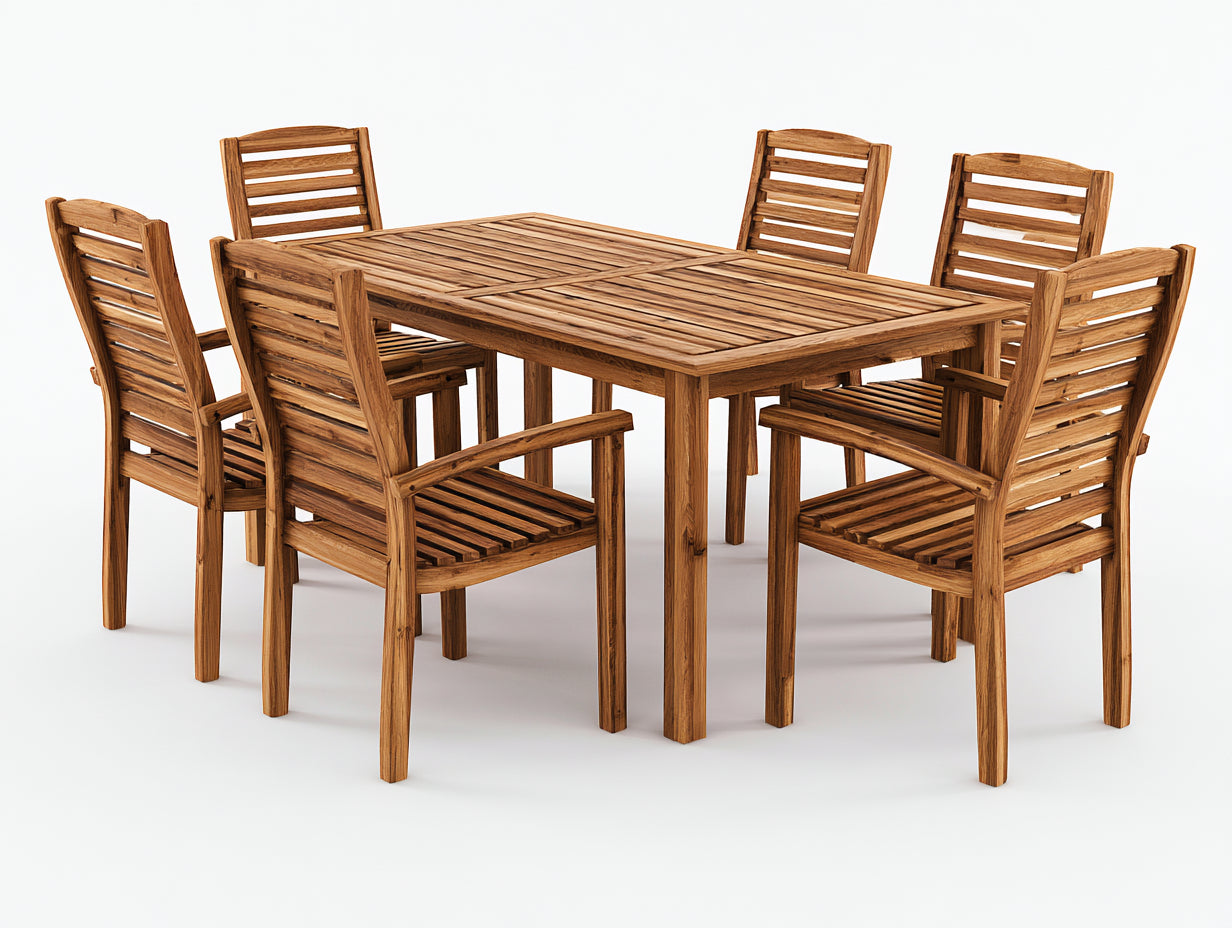 Salon de jardin repas en bois massif 150x90x75 cm - ensemble table et 6 chaises - style naturel extérieur