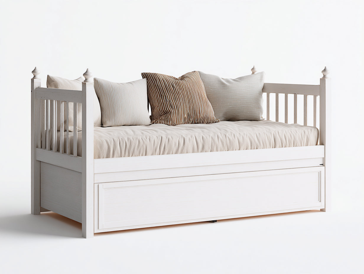 Canapé lit 200x90x90 cm bois blanc style classique-lit banquette avec rangements tiroirs intégrés